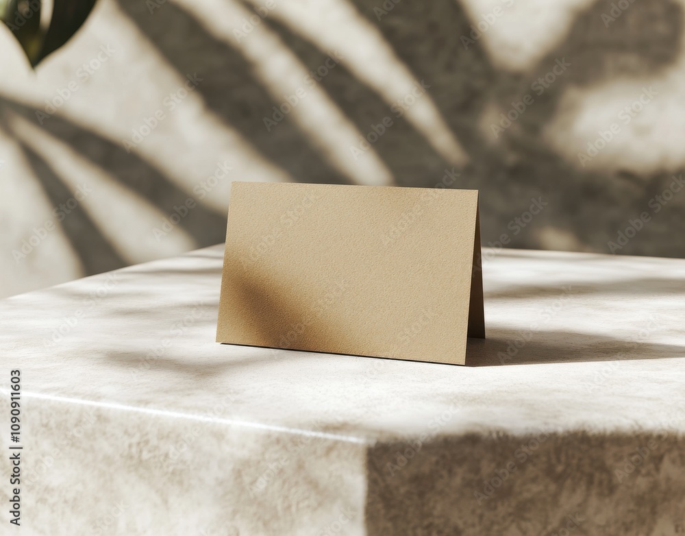 Poster a brown card with a white border sits on a table. the card is rectangular and has a white border. em