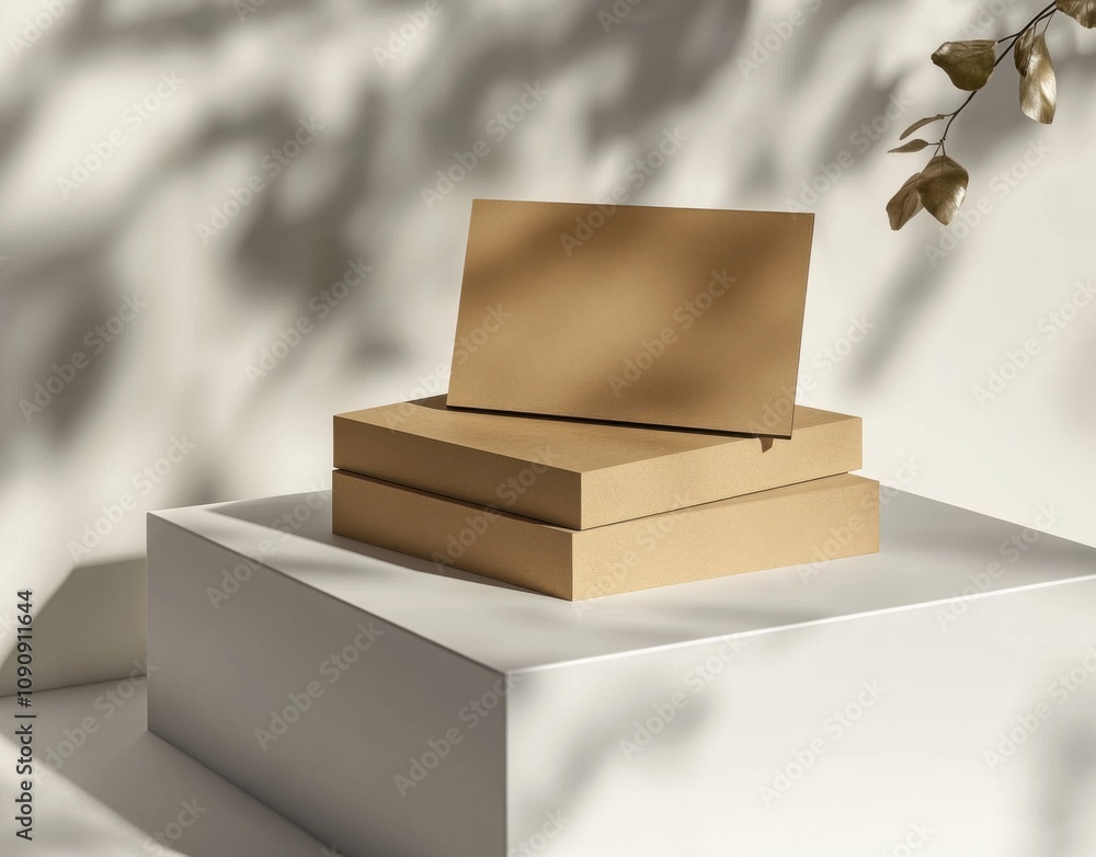 Poster a stack of cardboard boxes with a shadow cast on them. the boxes are brown and the shadow is white. 
