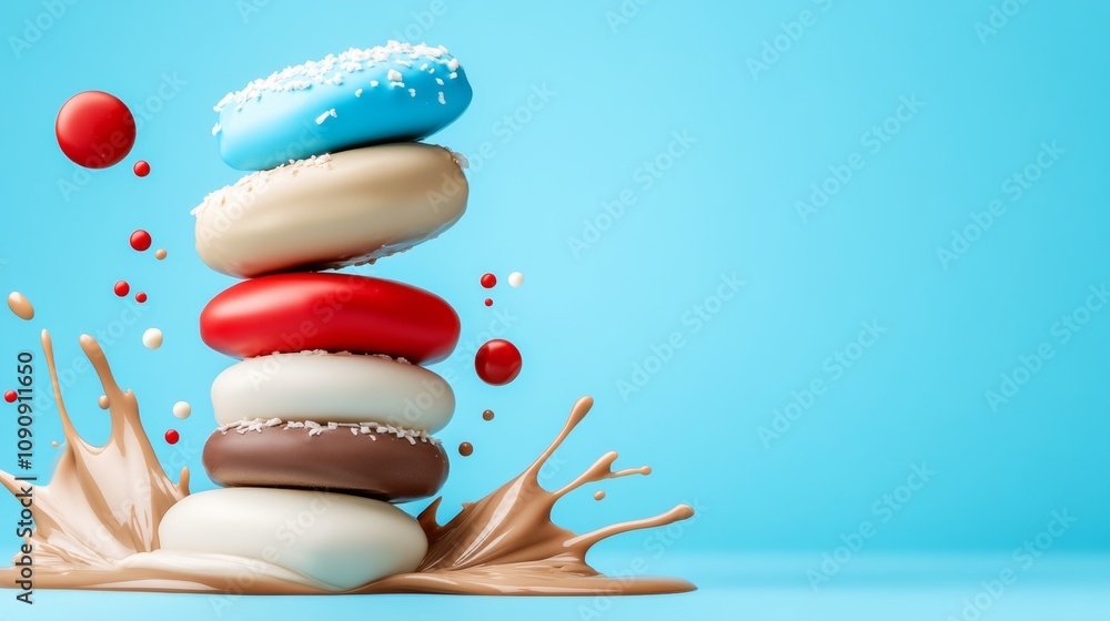 Poster a stack of donuts with a splash of chocolate on the bottom. the donuts are of different colors and s
