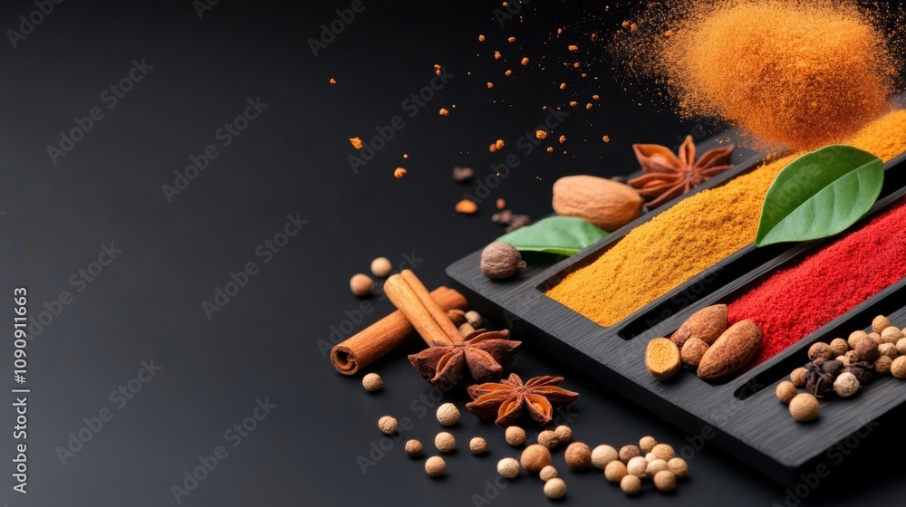 Poster a black background with a variety of spices and nuts on top of it. the spices include cinnamon, nutm