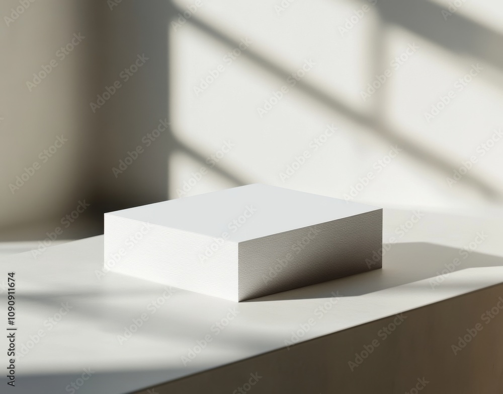 Poster 30 white business cards stacked on a table, with a simple background and shadows from the side. the 