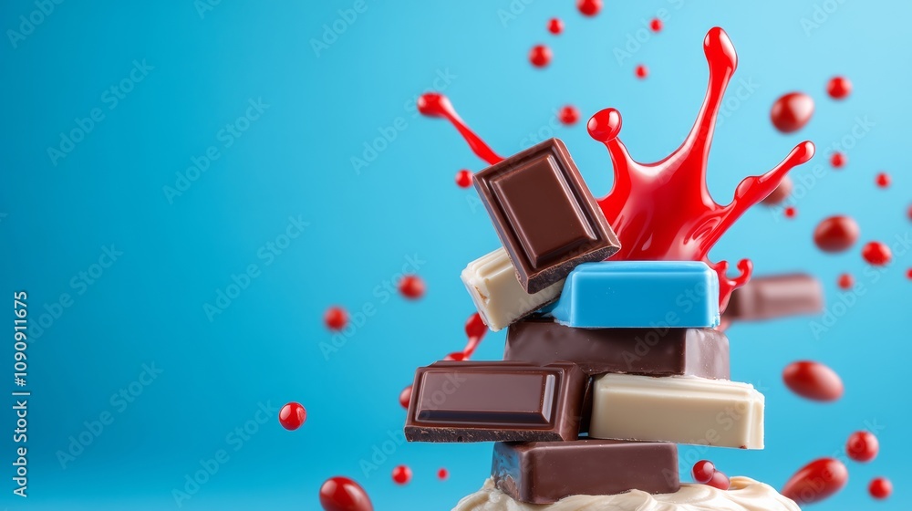Poster a pile of chocolate bars with red splatters on top. the splatters are in the air, creating a sense o