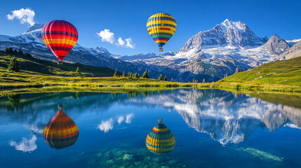 Fototapeta premium Hot air balloons reflected in a crystal-clear alpine lake with snowy peaks above