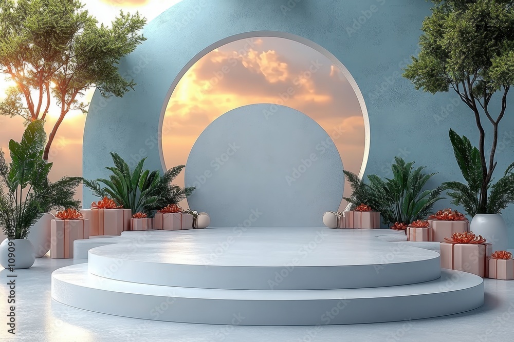 Aufkleber soft lighting setup. modern empty round stage with circular backdrop and plants, event presentation 