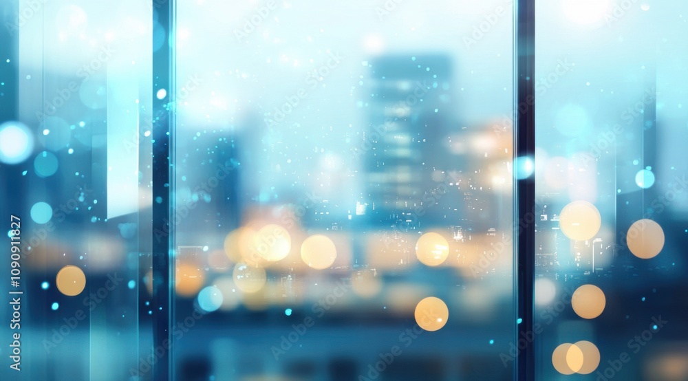 Poster a cityscape with a window view of the city. the window is foggy and the city view is blurry. the cit