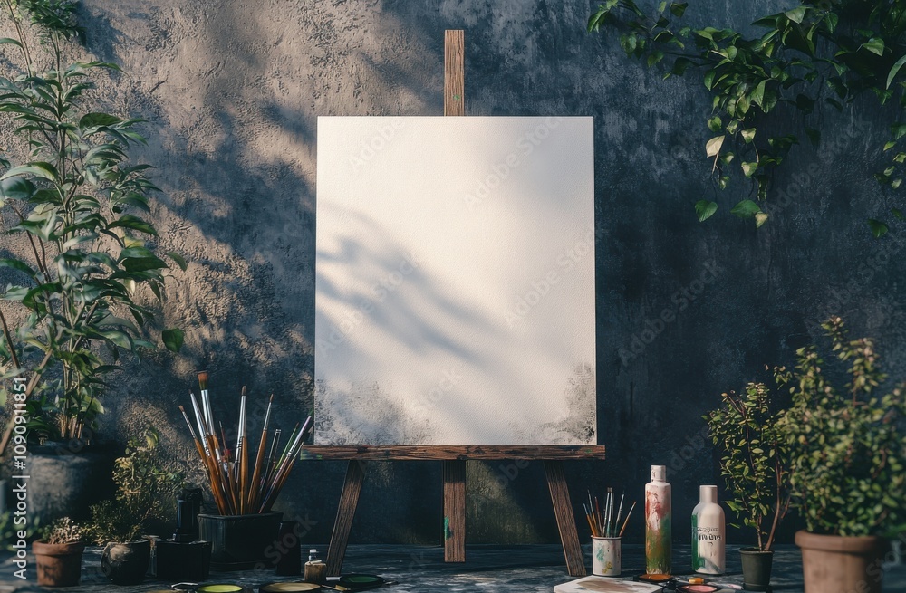 Poster a blank canvas on an easel in the center of the frame, surrounded by various painting tools and art 