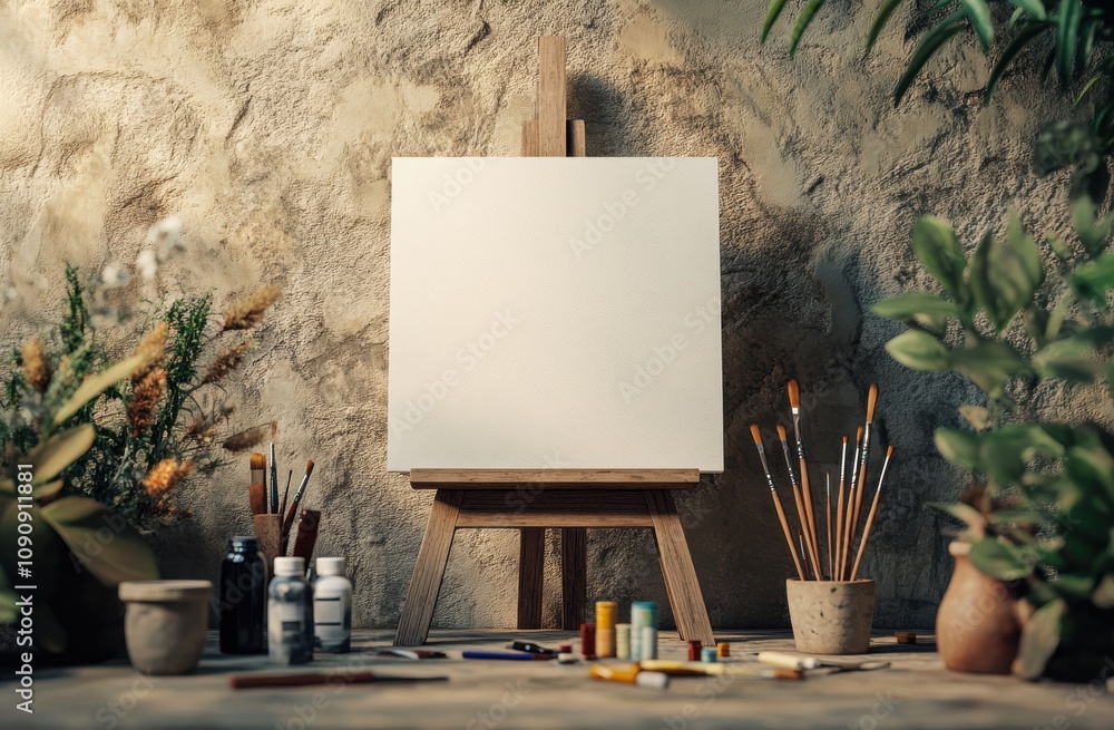 Poster a blank canvas on an easel in the center of the frame, surrounded by various painting tools and art 