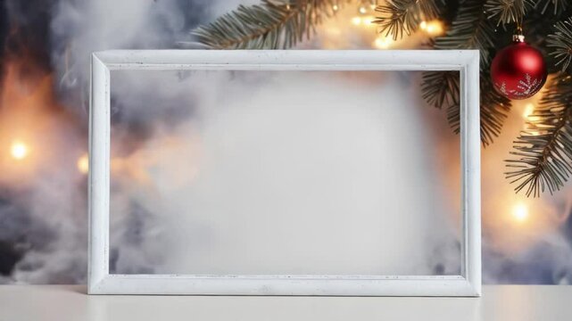 White empty frame with smoke on blurred Christmas background. Copy space. Holiday card.	