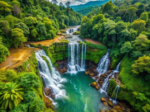Stunning 4K Aerial View of Tad Xe Katam Waterfall in Bolaven, Laos Capturing the Beauty of Minimalist Landscapes and Serene Nature in High Resolution