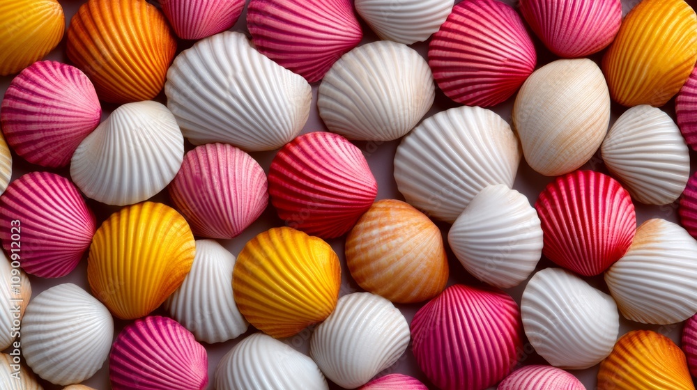 Poster a bunch of colorful shells are arranged in a pattern. the shells are of different colors, including 