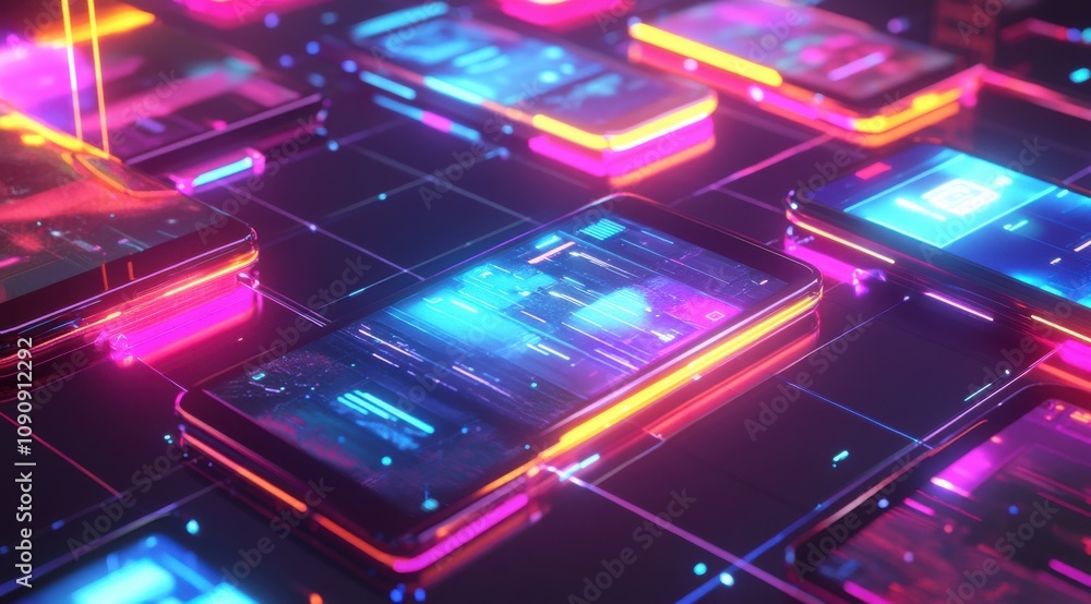 Poster a colorful image of many cell phones and tablets with a neon glow. scene is futuristic and technolog