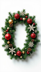 New Year's letter "O" created from fir branches, Christmas balls and snowflakes	