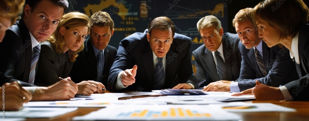 Aufkleber a group of people are sitting around a table with papers and graphs. they are all dressed in suits a
