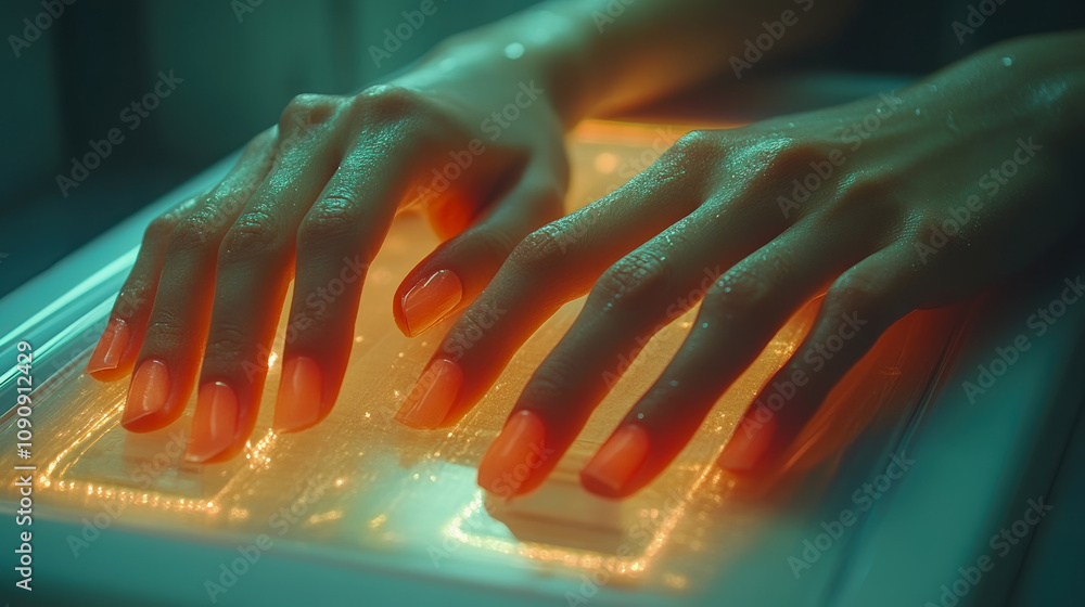 Poster delicate hands with bright orange nails rest on a softly glowing surface, creating an enchanting atm