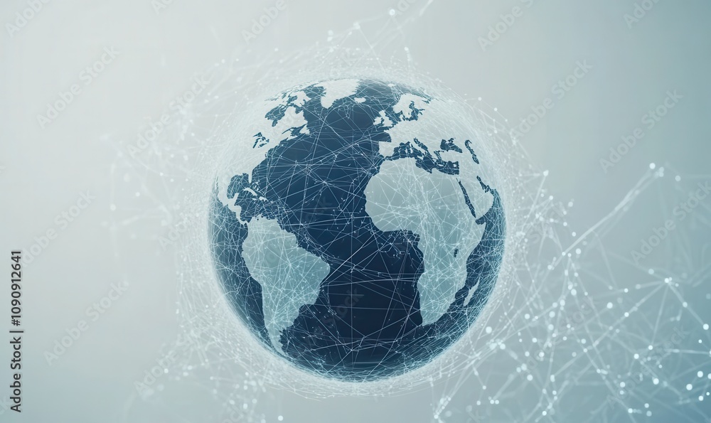 Poster a globe with a network of lines surrounding it. the globe is blue and white