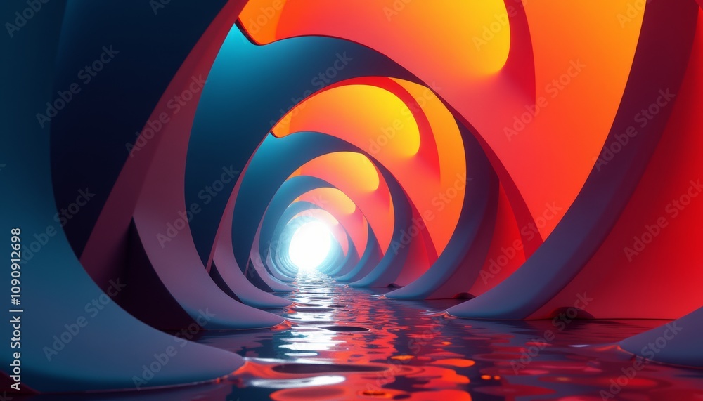 Poster abstract boomerang forms creating a surreal tunnel with vibrant colors and reflections in water