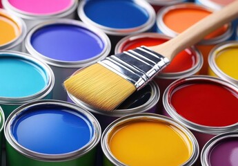 A paintbrush is in front of a row of colorful paint cans. Concept of creativity and artistic expression, as the paintbrush is a tool used to bring color and life to a blank canvas