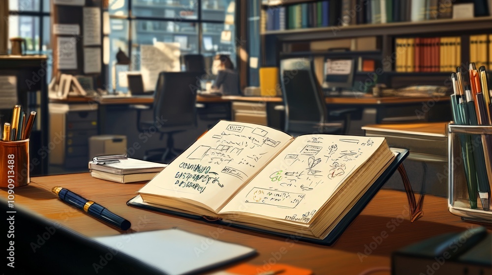 Aufkleber a close-up of a notebook with notes and sketches in a busy office setting