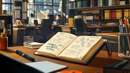Obraz premium A close-up of a notebook with notes and sketches in a busy office setting