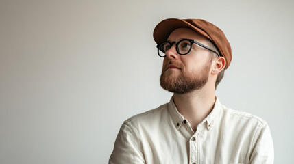Fototapeta premium Thoughtful Caucasian man with a beard and glasses wearing a cap, gazing upward in a contemplative pose against a neutral background.