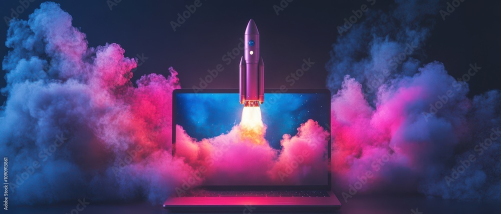 Poster a laptop is shown with a rocket launching from it. concept of excitement and progress, as the rocket