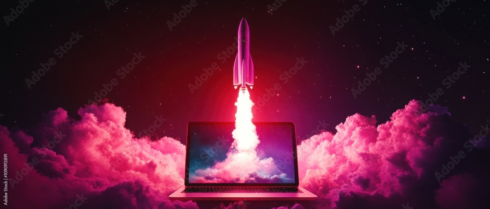 Poster a laptop is shown with a rocket launching from it. the image has a futuristic and adventurous mood, 