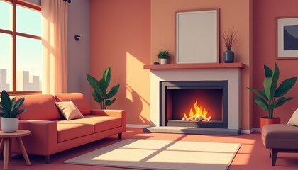 Fototapeta premium Stylish living room with a modern fireplace, bright colors, and plants for a vibrant atmosphere