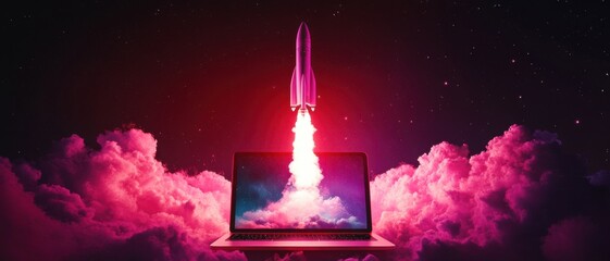 A laptop is shown with a rocket launching from it. The image has a futuristic and adventurous mood, with the rocket symbolizing progress and exploration. Tech background