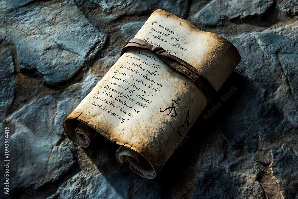 Poster weathered parchment displays intricate text, tied with a ribbon, resting on a rustic stone backgroun