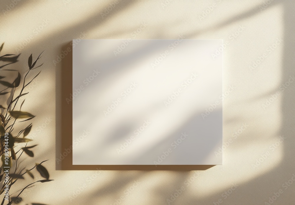 Poster a white frame with a leafy plant in front of it. the frame is empty and the plant is in the shadow o