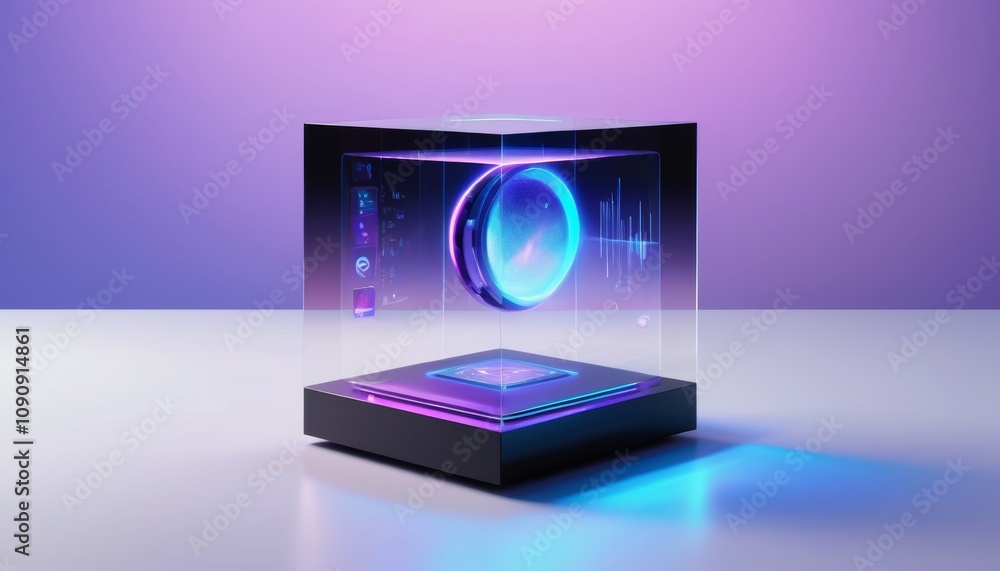 Poster futuristic device displayed in a transparent enclosure with glowing elements and sleek design