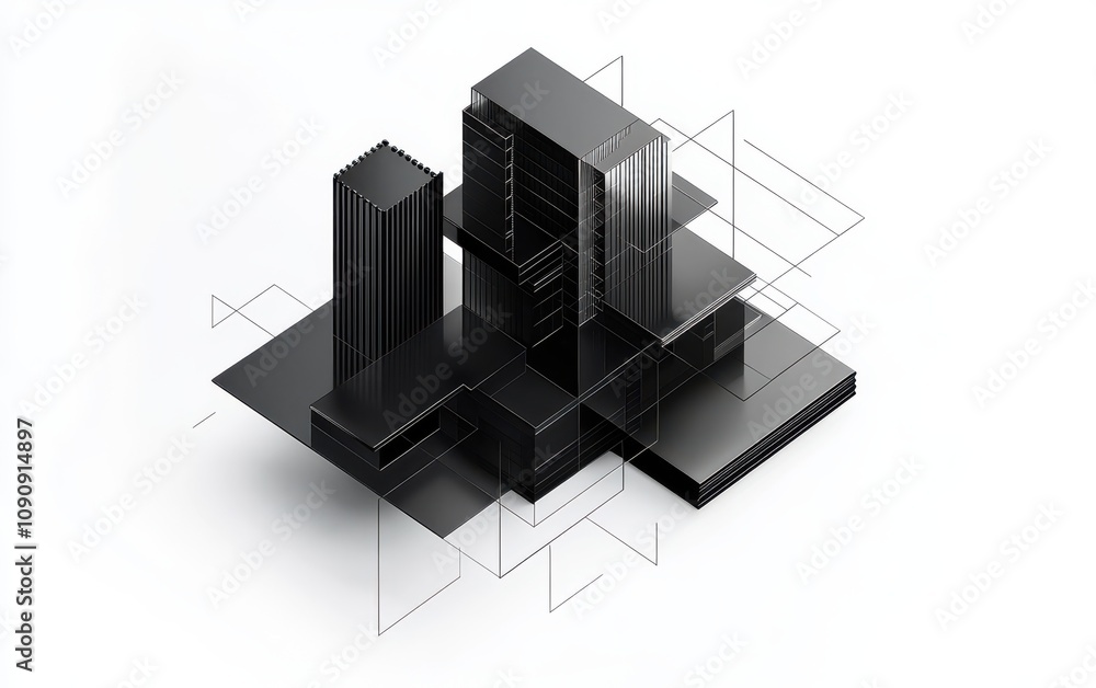 Poster a black and white image of a cityscape with buildings and a white background. the buildings are made