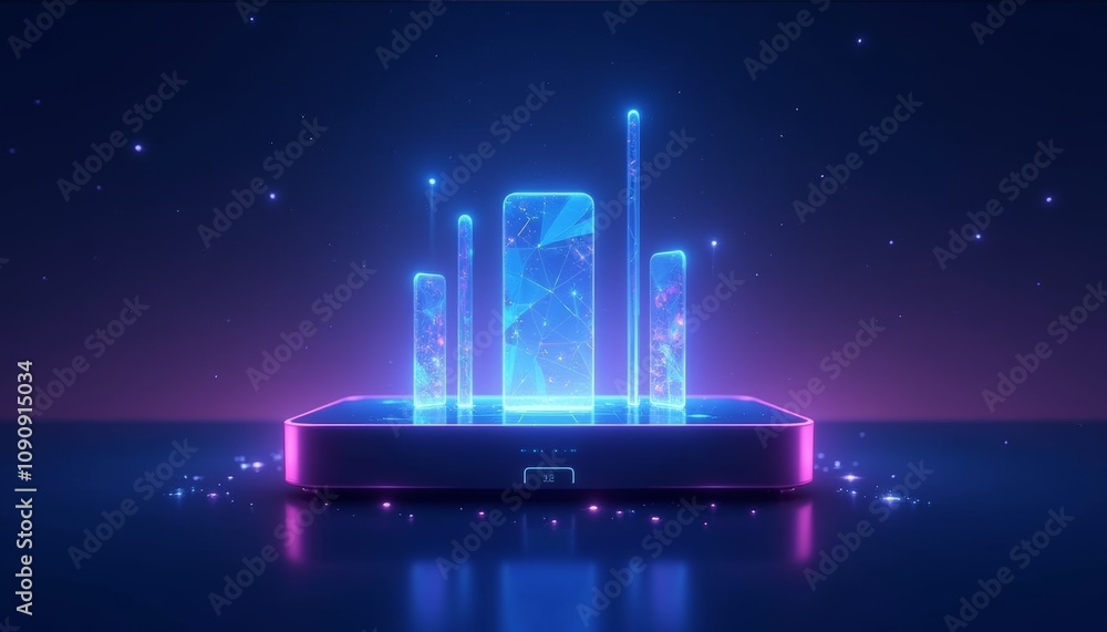 Poster futuristic holographic display showcasing glowing structures on a sleek platform