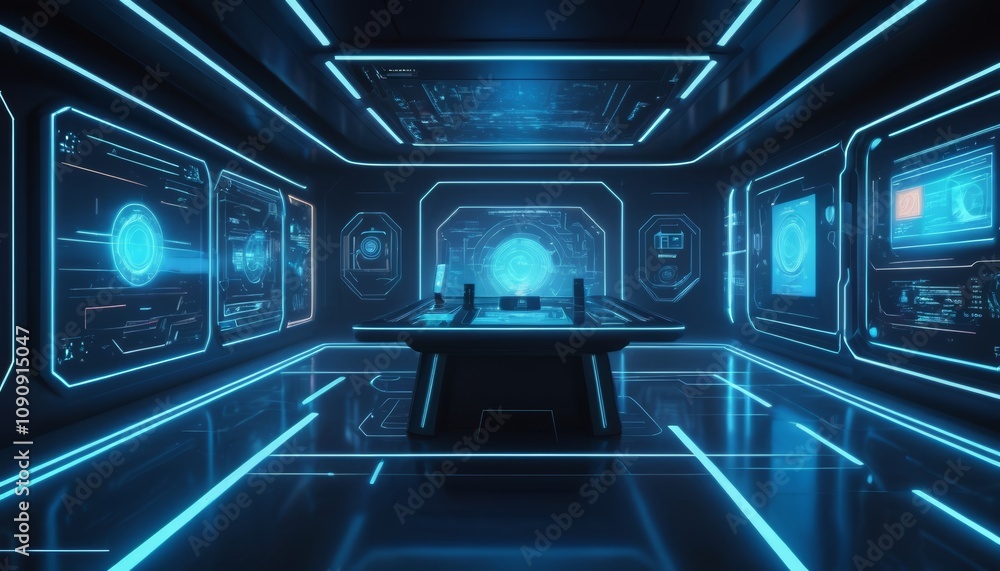 Poster futuristic control center with glowing interfaces and holographic displays in sleek environment
