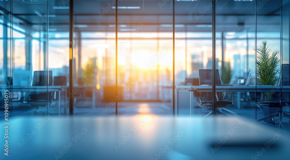 Poster a large office with a view of the city and a sun setting. the sun is shining through the windows, cr
