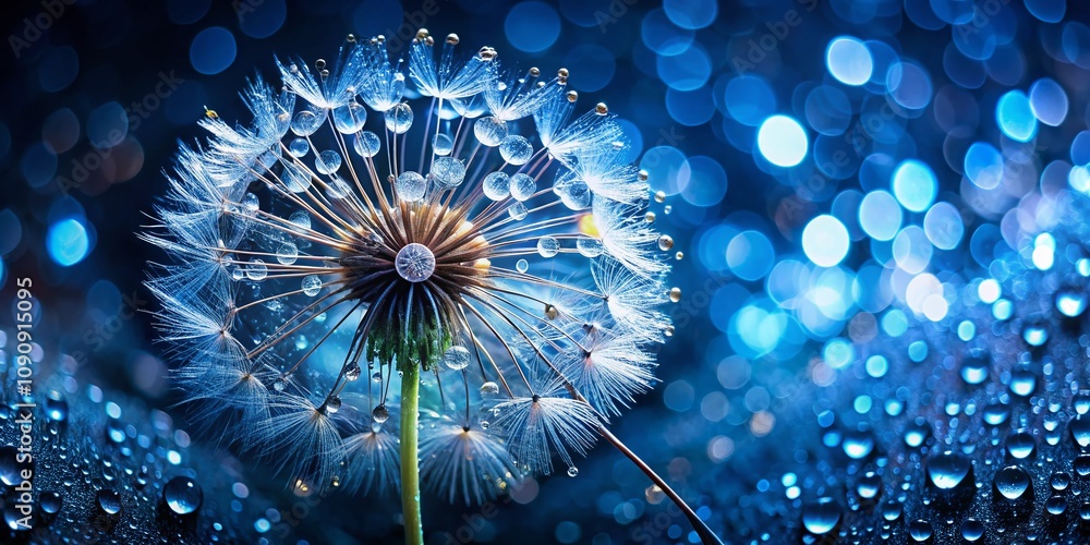 Poster stunning double exposure of dandelion with dew drops isolated on dark background, capturing the beau