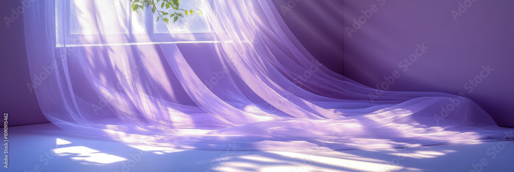 Poster light filters through lavender curtains, creating graceful patterns on the floor while a plant's lea