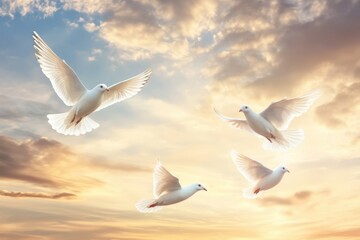 Fototapeta premium Doves soar gracefully against a colorful sunset sky over a serene landscape