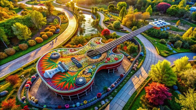 Stunning Drone Photography of a Creative AmRock Guitar Skeleton Drawing Art Displayed in an Outdoor Setting with Unique Background and Dramatic Perspectives for Art Enthusiasts