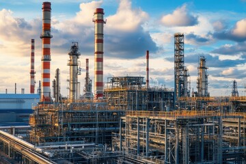 Fototapeta premium Industrial complex during dusk with towering smokestacks and a vibrant sky