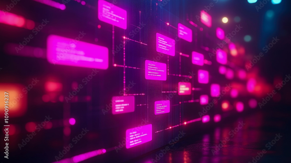 Poster colorful neon data connections illuminate a dark setting, showcasing intricate networks and vibrant 