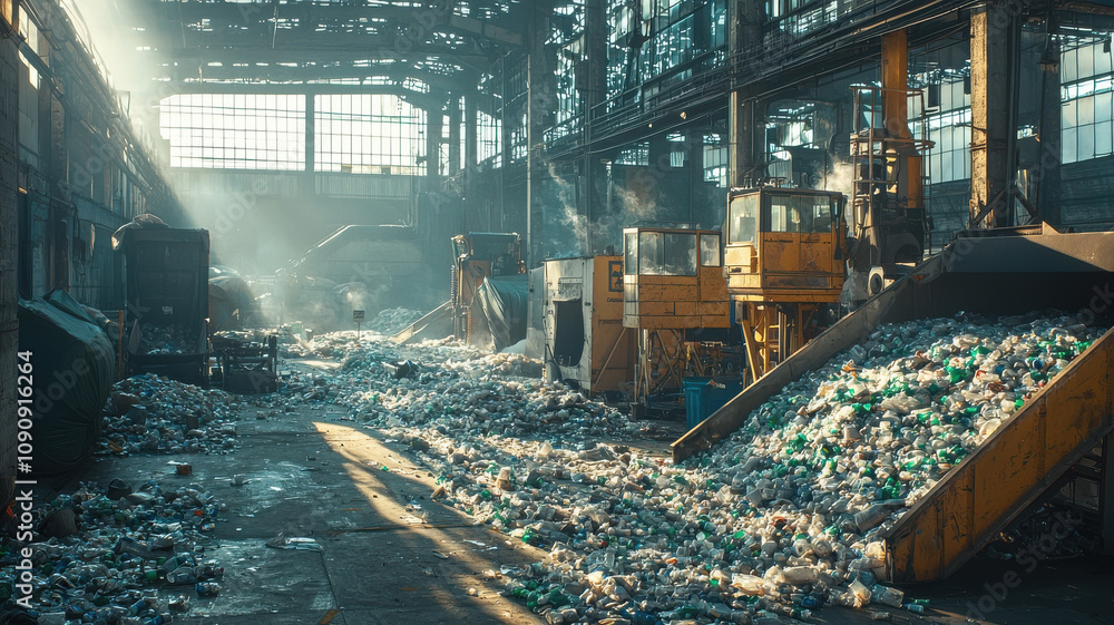 Poster recycling facility with high tech sorting and compression machines processes large amounts of plasti