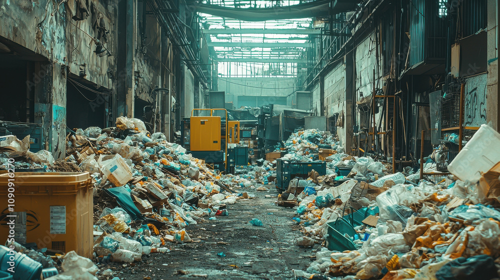 Poster cluttered recycling facility with piles of unsorted waste and debris, showcasing need for efficient 