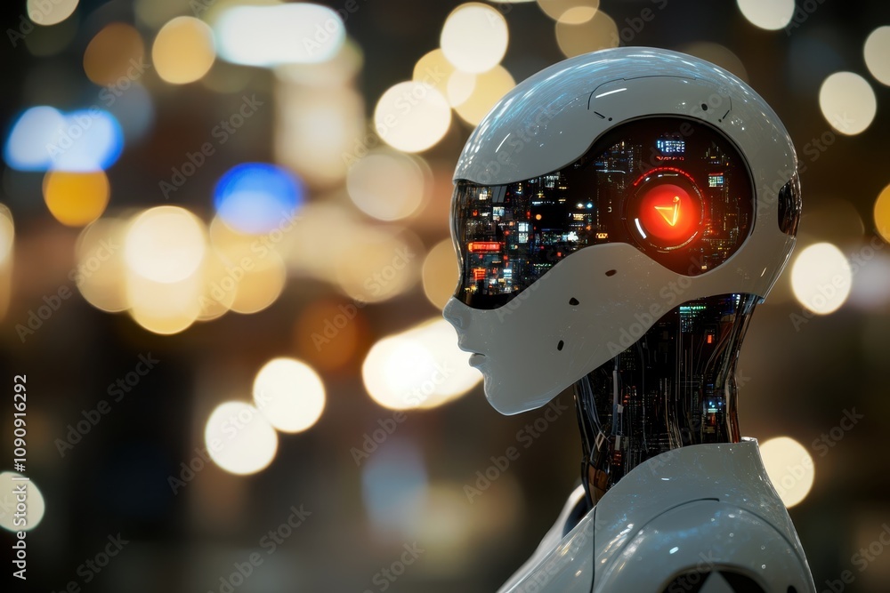 Poster futuristic robotic figure with illuminated features in a modern setting at nighttime