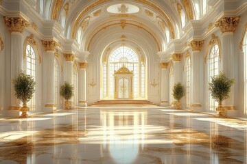 Fototapeta premium 3D render of a grand white hall featuring elegant Baroque-style columns.