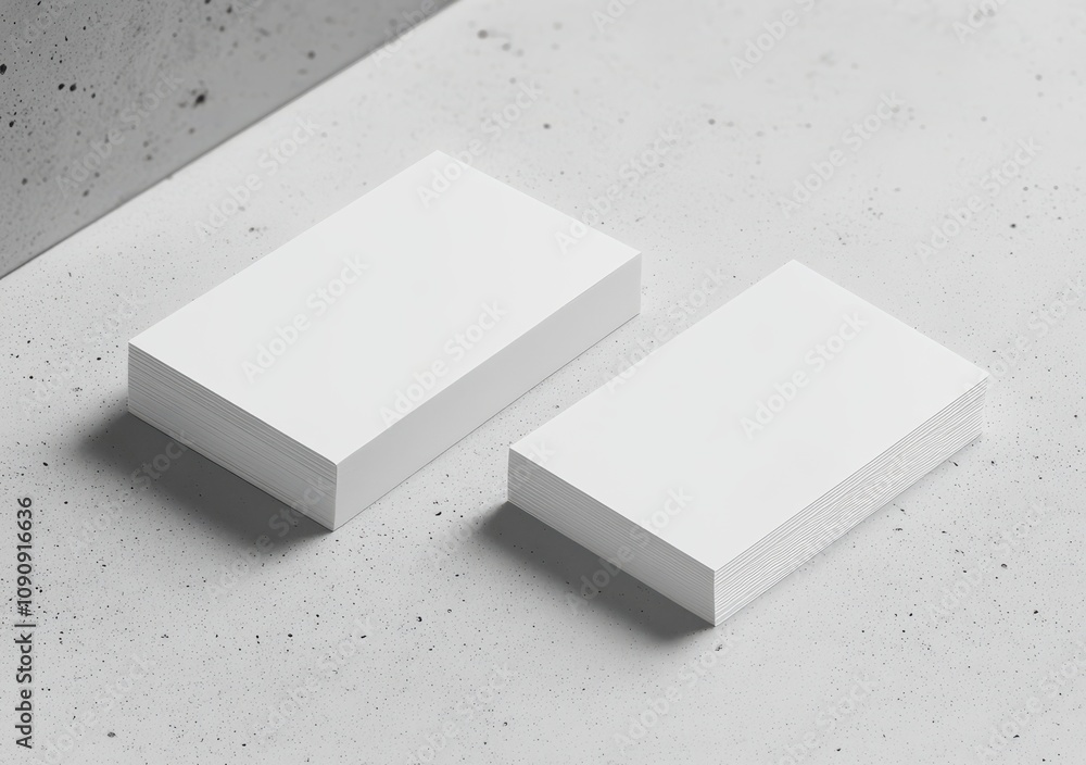 Poster two white cardboard boxes with a pattern on them. the boxes are placed on a grey surface. empty spac