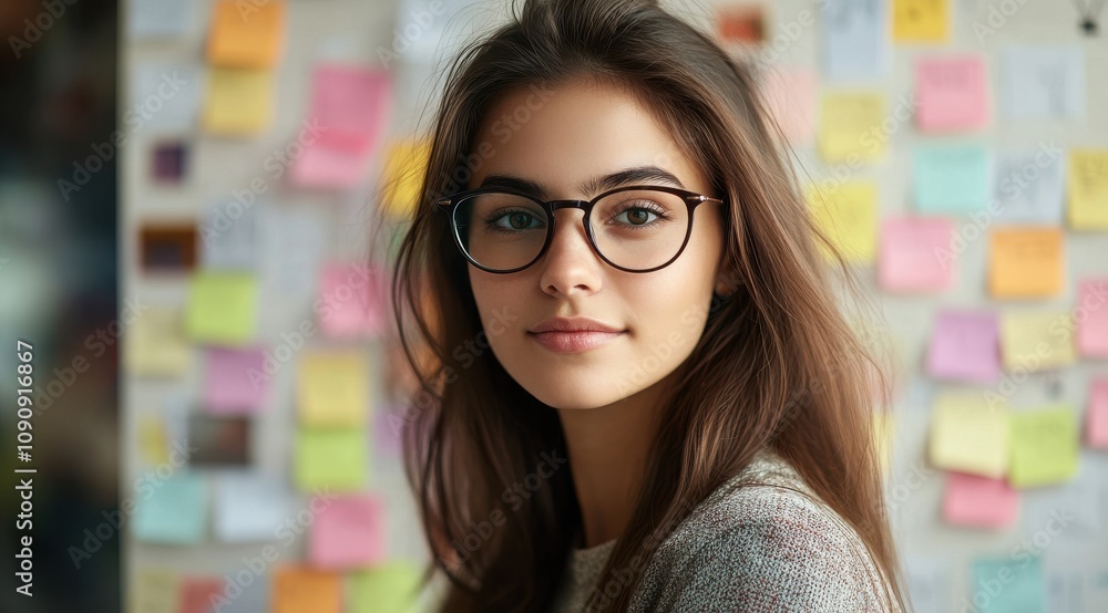 Poster a girl wearing glasses is standing in front of a wall covered in colorful sticky notes. the notes ar