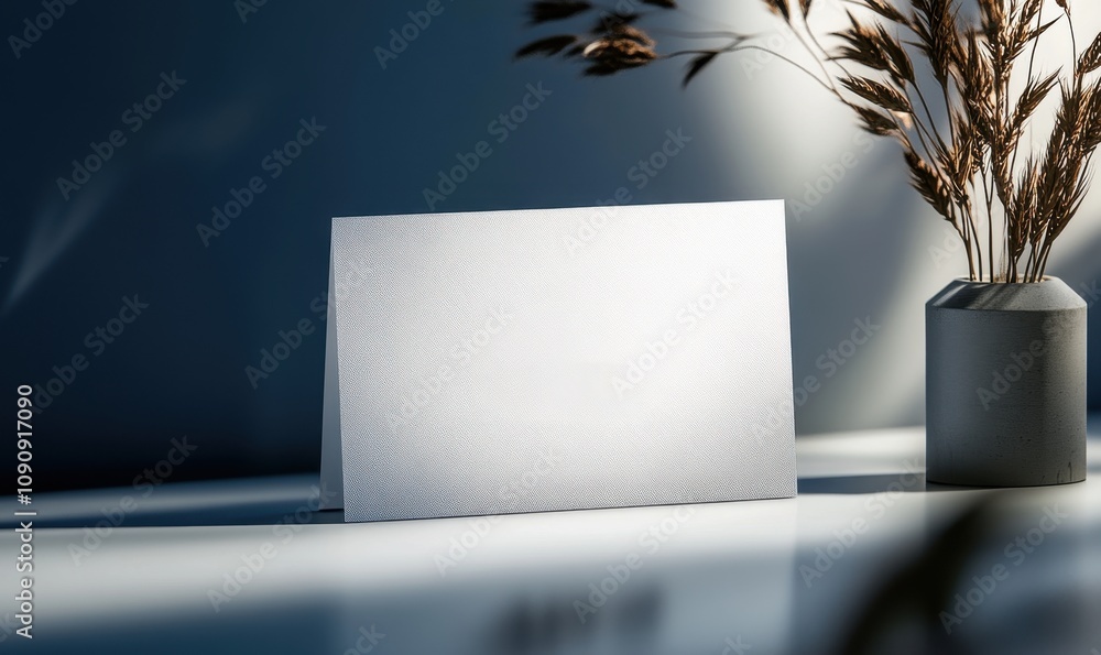 Poster a white card with a pattern on it sits on a table next to a vase of dried flowers. empty space for l