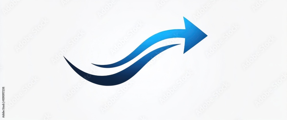 Poster a blue arrow pointing to the right. the arrow is curved and has a wavy line. the image is white and 