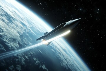 Fototapeta premium Spaceship launches, fiery trail, Earth below.